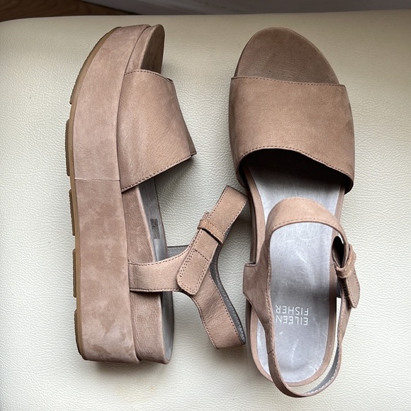 EILEEN FISHER "JASPER NUBUCK" PLATFORM LEATHER SANDALS SIZE 9 - Picture 13 of 16